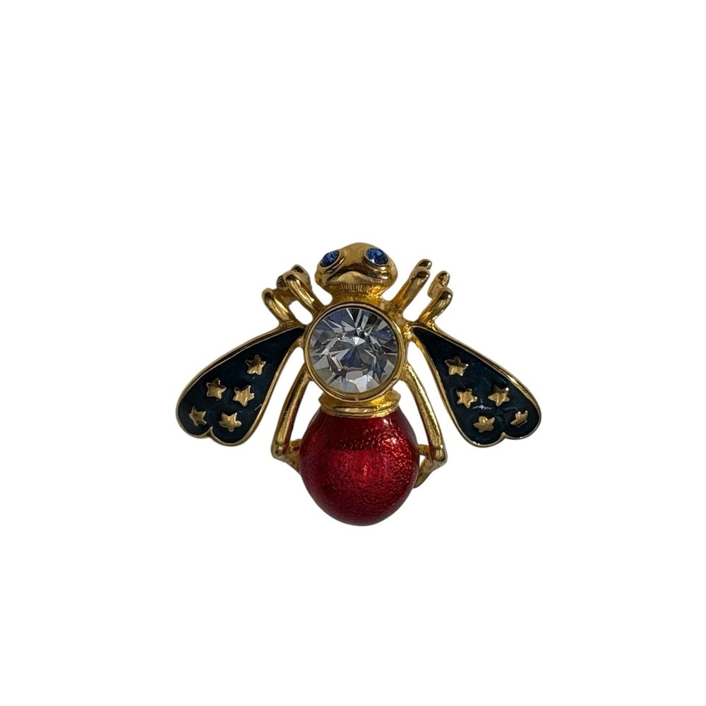 Vintage GoldTone Queen Bee Patriotic Sparkly Enamel Rhinestone Accent Brooch Pin